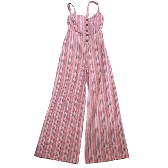 Hem & Thread Womens M 100% Cotton Wide Leg Jumpsuit Rose Pink Stripe Relaxed Fit - Picture 9 of 9